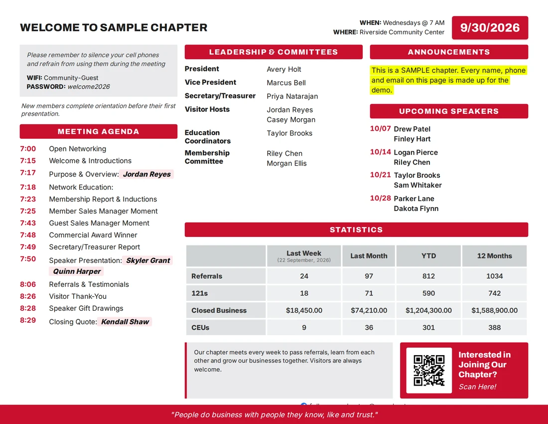 Weekly meeting agenda and chapter roster PDF that builds itself